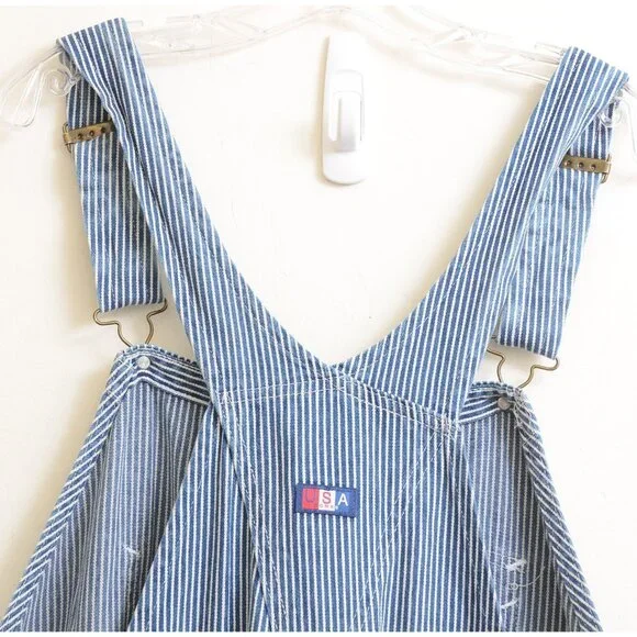 Vtg USA Works Sz 46x30 Railroad Stripe Carpenter Bib Denim Overalls Made in USA
